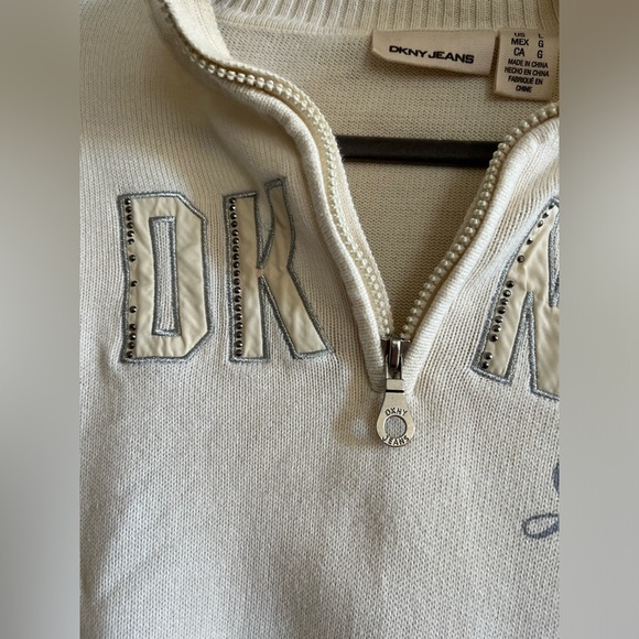 DKNY JEANS  Ivory Logo Embroidered Half-Zip Mock Neck Sweater Vintage Y2K Cotton - Picture 4 of 10